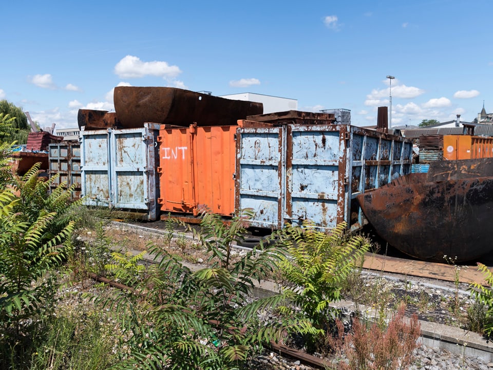 Rostige Container stehen neben von Unkraut überwachsenen Bahngeleisen.