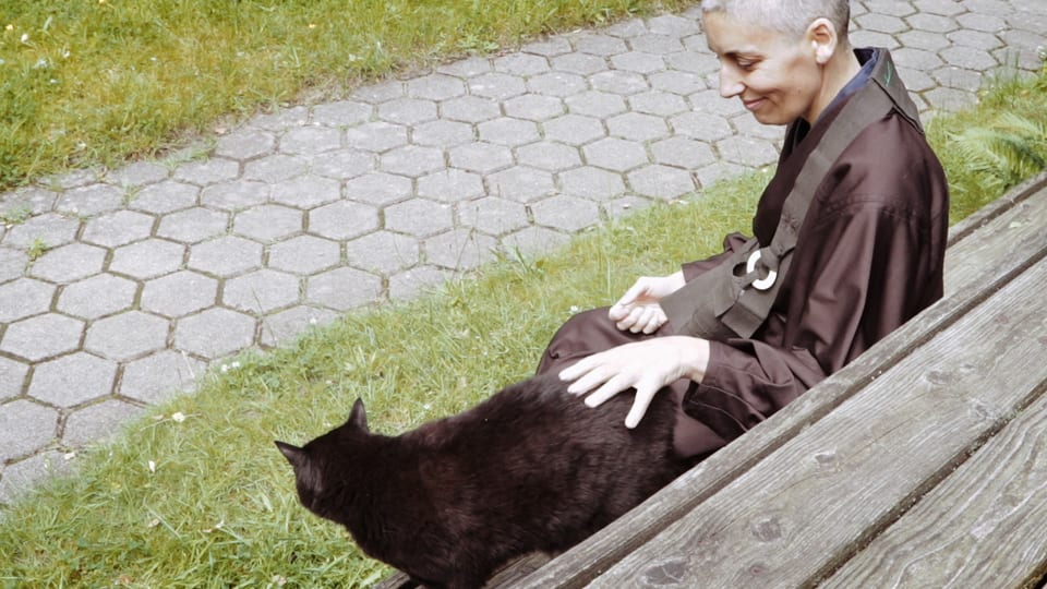 Eine Nonne streichelt eine Katze.
