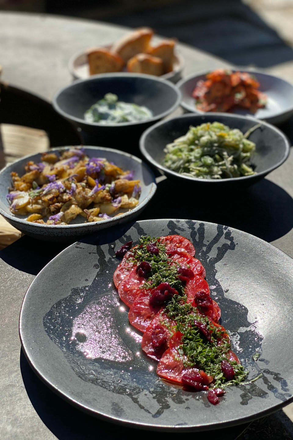 Sommersalate mit Gemüse Von vorne nach hinten: Tomatensalat, Kartoffelsalat, Fenchelsalat, Gurkensalat, Karottensalat und Brot