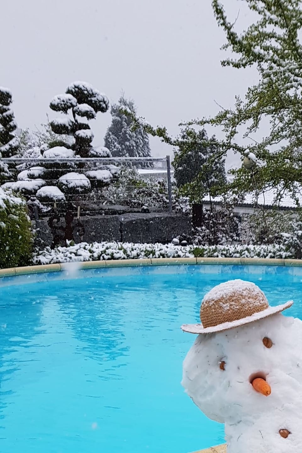 Schneemann an einem Pool.