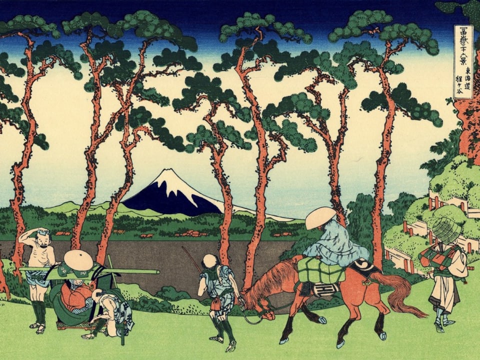 Stich von Hokusai: Vor dem Fujiyama stehen Soldaten.