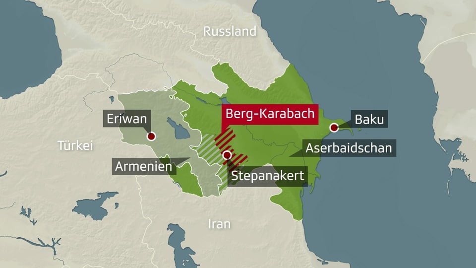 Karte der Region Berg-Karabach zwischen Armenien und Aserbaidschan.