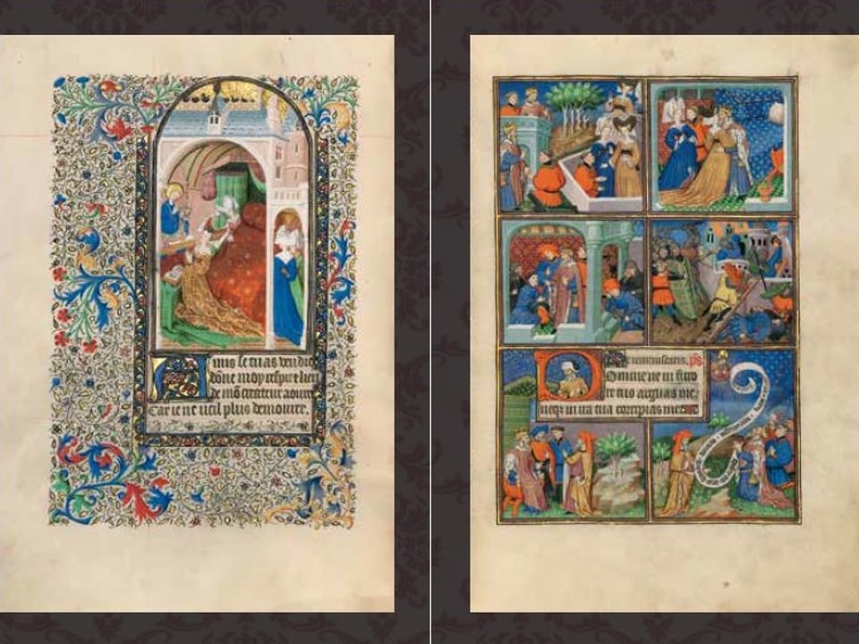 Tafel im Sobieski-Stundenbuch: Margarete von Burgund betet zur heiligen Margarete.