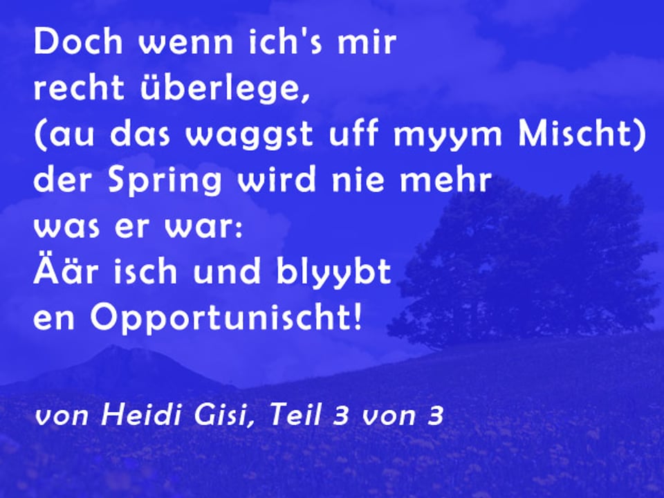 Gedicht von Heidi Gisi: Doch wenn ich's mir recht überlege, (au das waggst uff myym Mischt) der Spring wird nie mehr was er war: Äär isch und blyybt en Opportunischt!