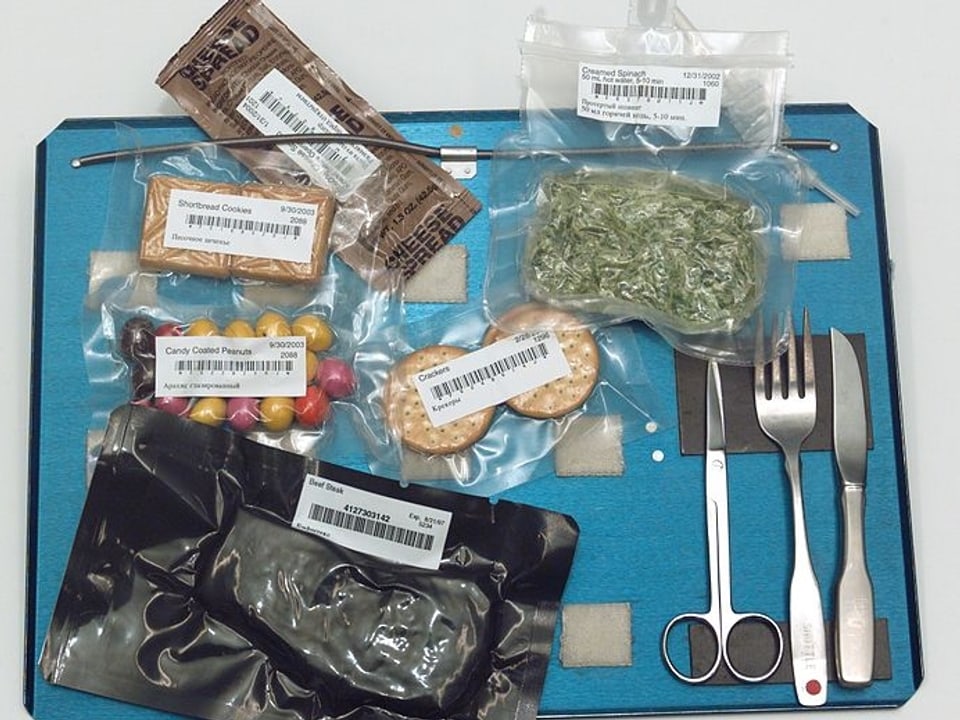 Ein Tablett mit Verpflegung für die Besatzung der Raumstation ISS mit Rahmspinat und Beefsteak.