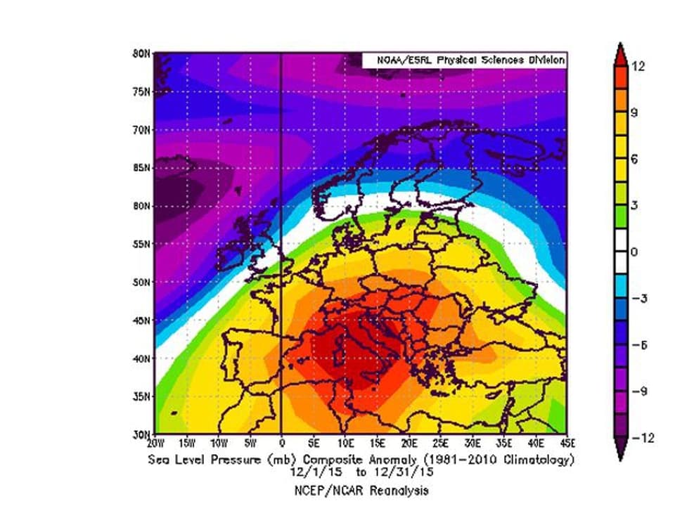 Vom Mittelmeer bis zu den Alpen war der Luftdruck vom 1.12.15 bis 31.12.15 etwa 11 hPa höher als normalerweise.