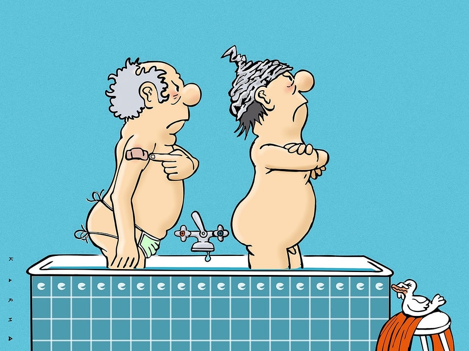 Zeichnung: Zwei Männer in einer Badewanne, einer trägt eine Alufolie auf dem Kopf