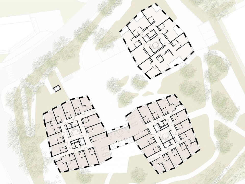 Architekturplan von drei geplanten Gebäuden in einem Park. 