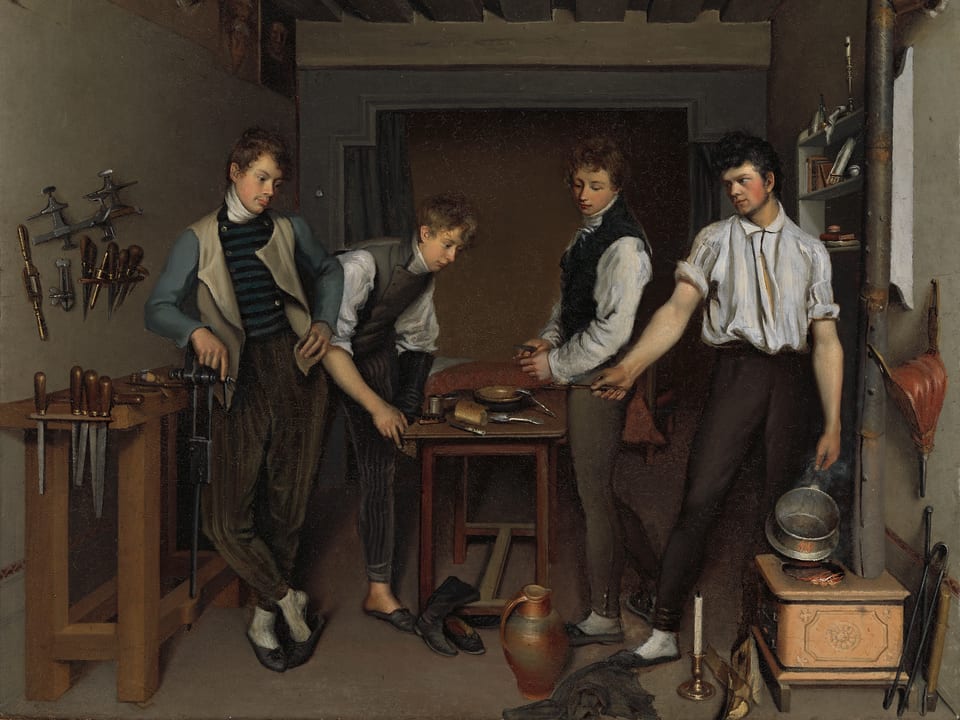 Ein Gemälde, das vier Jugendliche zeigt, wie sie in der Küche um einen Tisch herum stehen.
