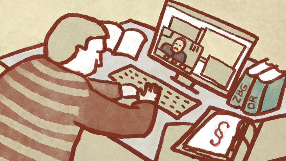Zeichnung: Mann am PC. Er tippt auf Tastatur, rechts Papier mit Gesetzeszeichen.