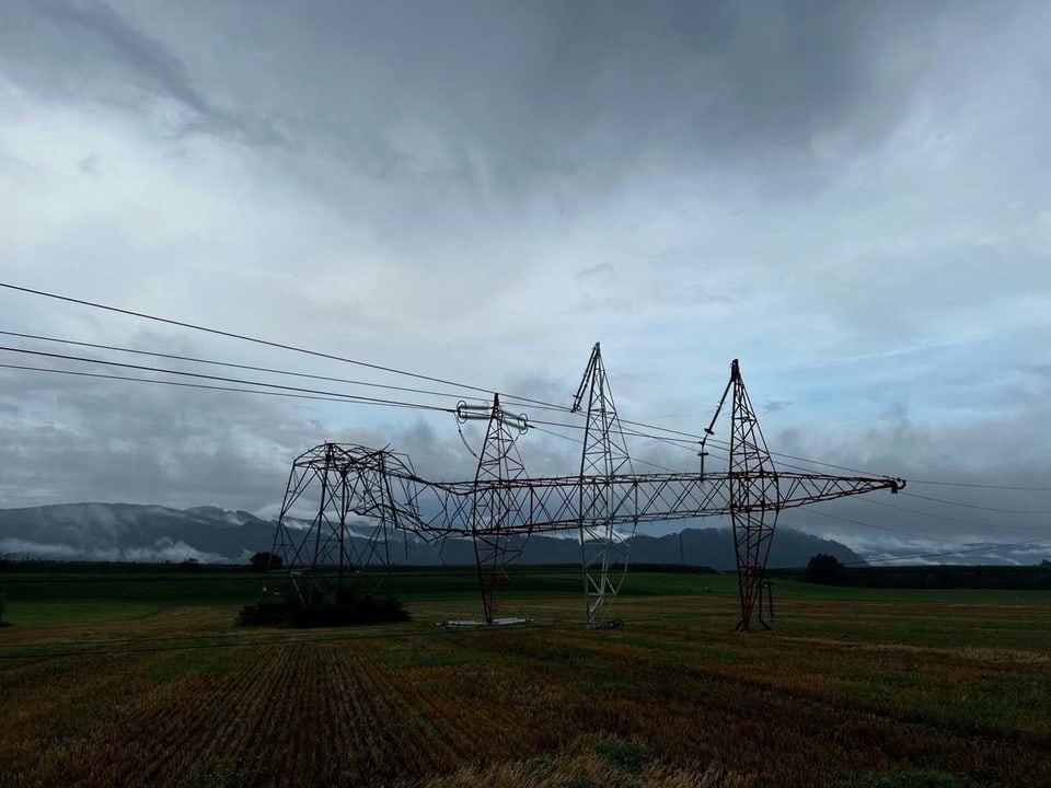 Ein umgekippter Strommast liegt auf einem Feld.