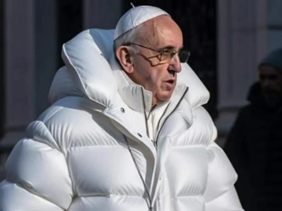 Papst Franziskus in der hippen, weissen Daunenjacke.