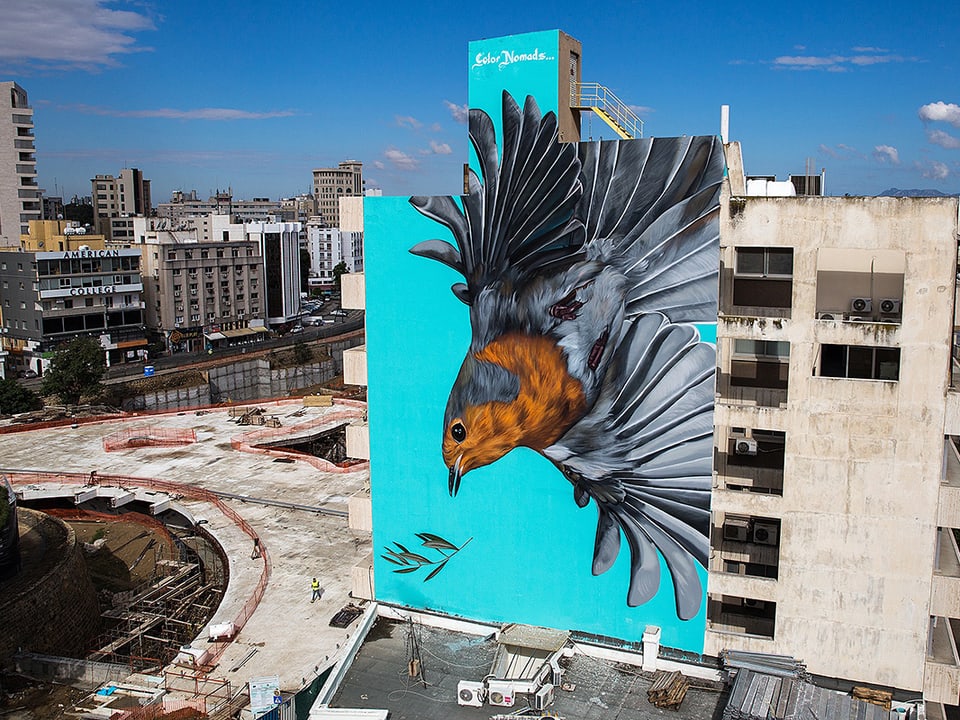 Die Künstler malten eine Vogel an eine Hauswand, der in die Tiefe fliegt. 
