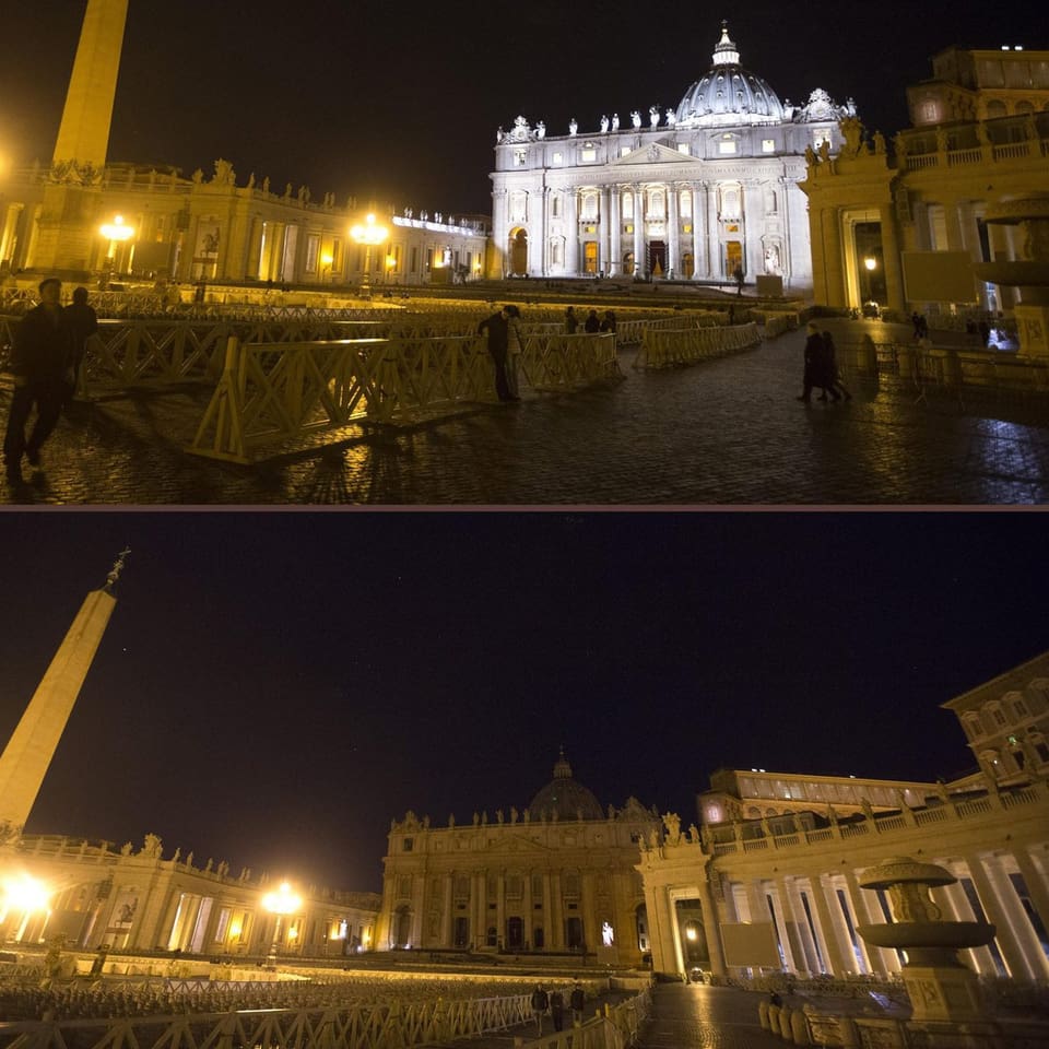 Der Petersdom in Rom, weiss angestrahlt (oben) und im Schatten (unten).