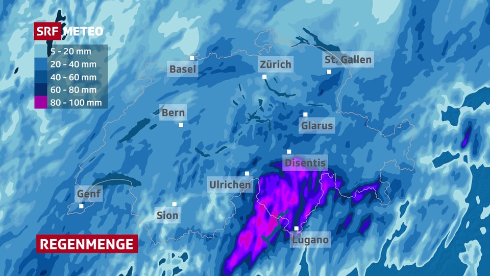 Die Schweizerkarte zeigt die Regenmenge, die in den nächsten Stunden erwartet wird.