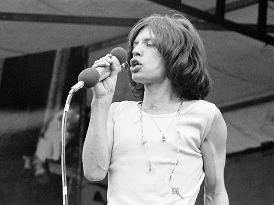 Mick Jagger 1969 bei einem Konzert im Londoner Hyde Park