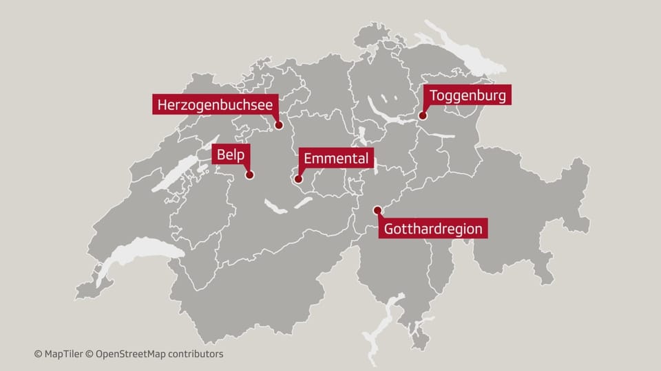 Eine Karte mit den Gebieten Herzogenbuchsee, Belp, Emmental, Gotthardregion und Toggenburg.