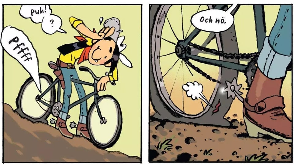 Ein gezeichneter Cowboy auf dem Fahrrad - er hat mit seinen Sporen aus Versehen einen Platten verursacht.
