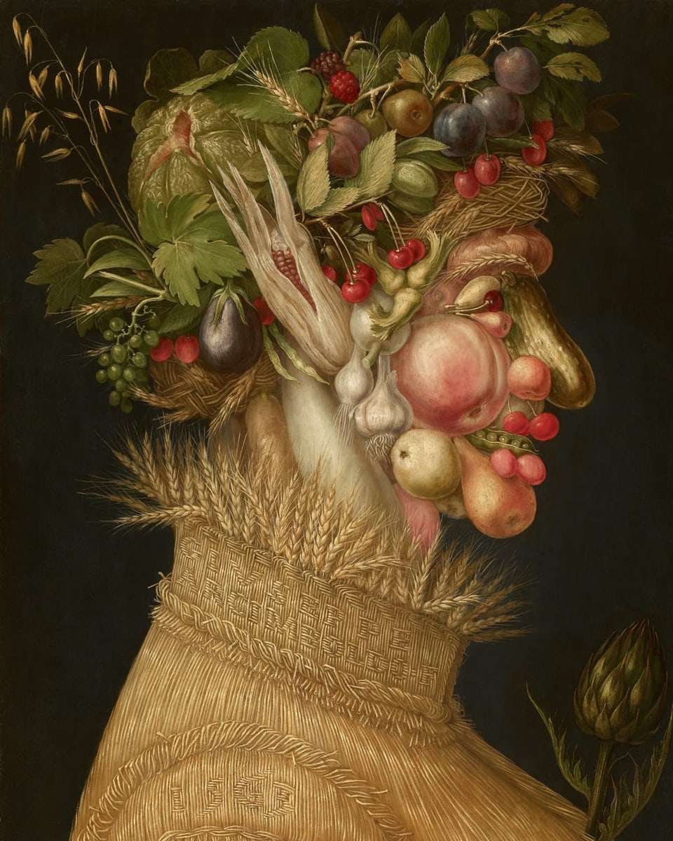 Gemälde von Arcimboldo mit einer Person, die aus Früchten und Blumen zusammengesetzt ist