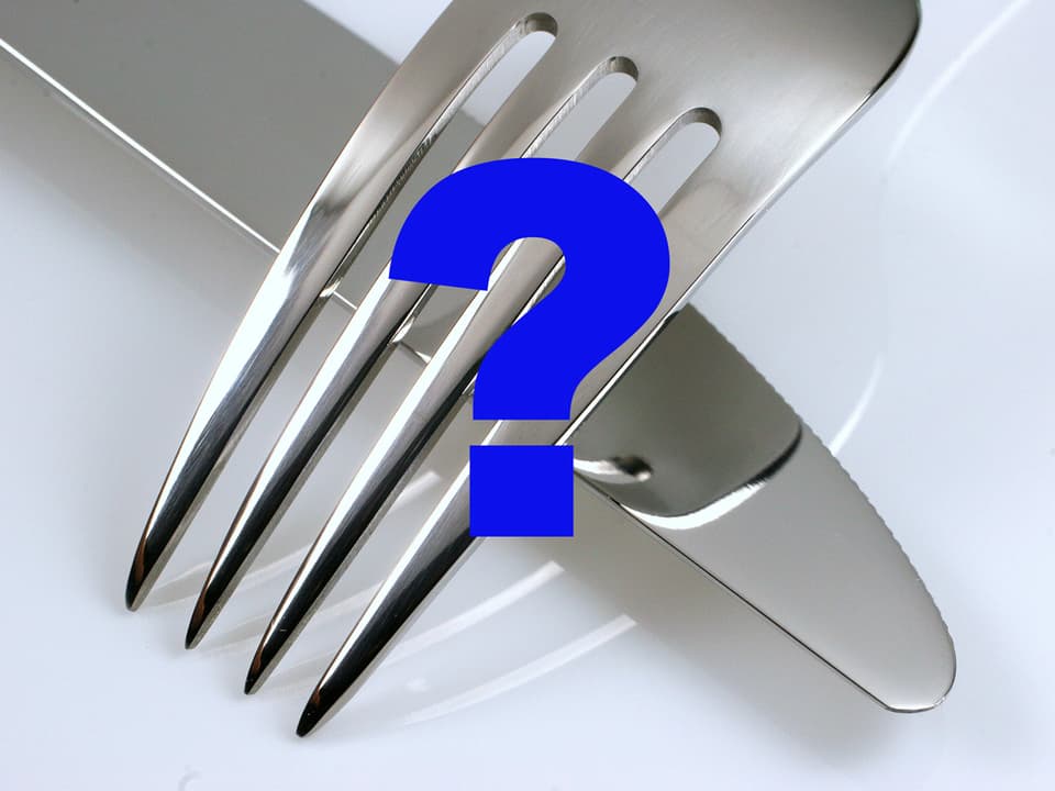Gabel und Messer auf einem weissen Tisch, darüber ein blaues Fragezeichen.