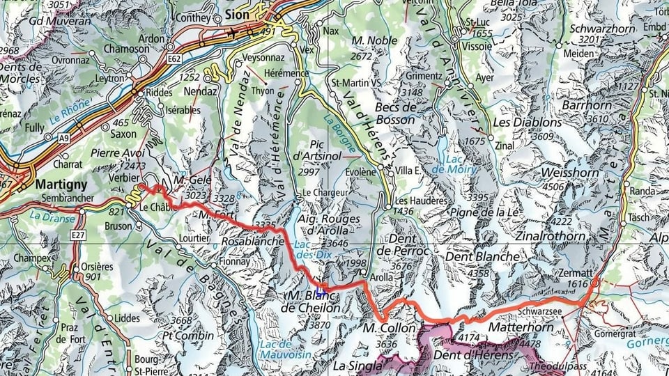 Kartenausschnitt Walliser Alpen mit der Streckenführung der Patrouille des Glaciers