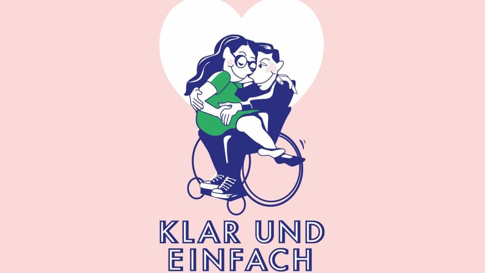 Zeichnung: Zwei Verliebte, Mann sitzt im Rollstuhl, Frau auf seinem Schoss