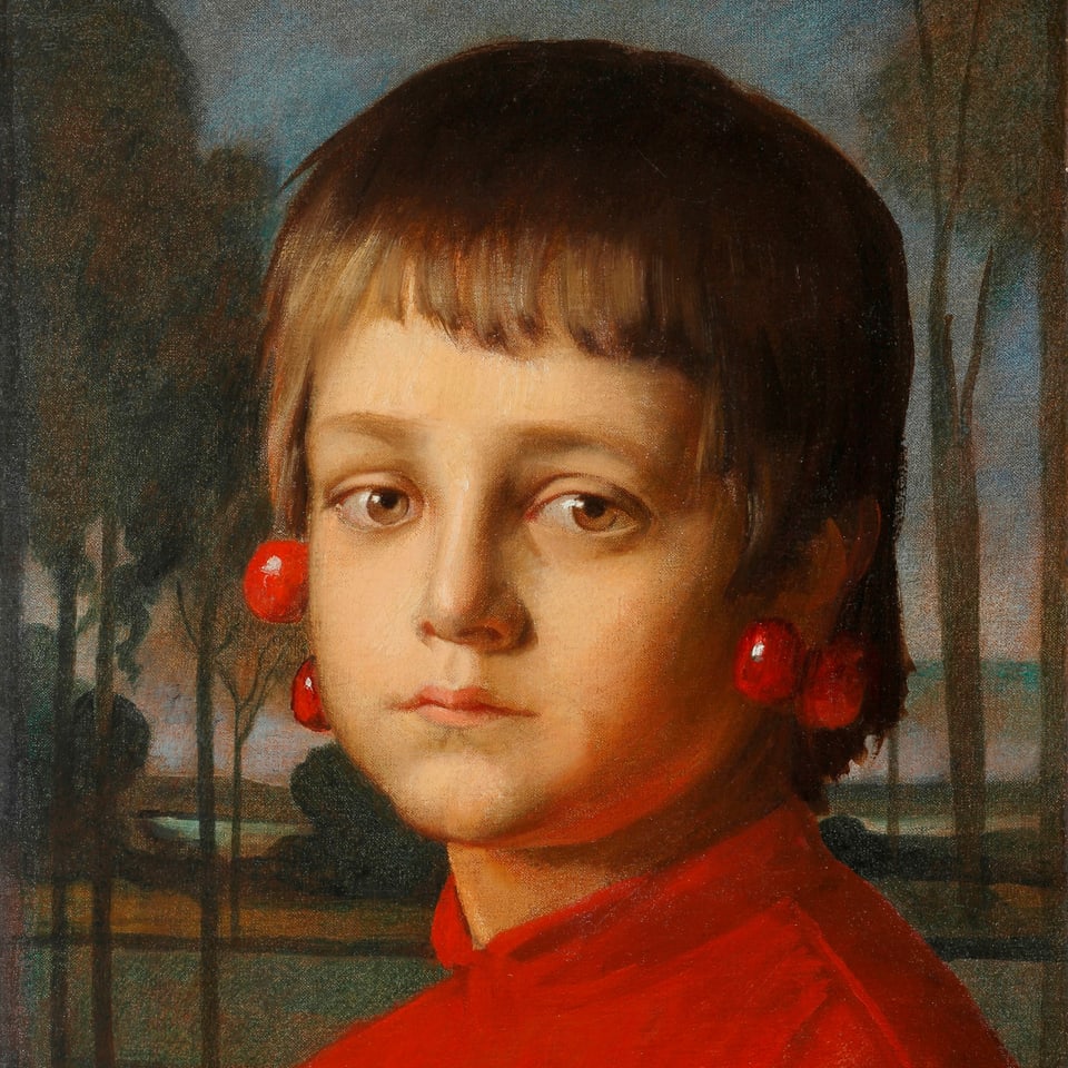 ein Gemälde eines Jungen, mit Kirschen um die Ohren gehängt