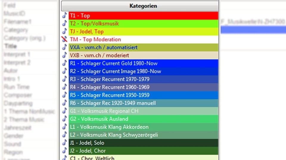 Die rund 49'000 Titel in der Musikdatenbank der Musikwelle sind in rund 60 Kategorien aufgeteilt. Die umfangreichsten Kategorien, allen voran Schlagermusik und volkstümliche Schlagermusik, gliedern sich in bis zu sechs Untergruppen diverser Jahrzehnte oder Musikgenres.