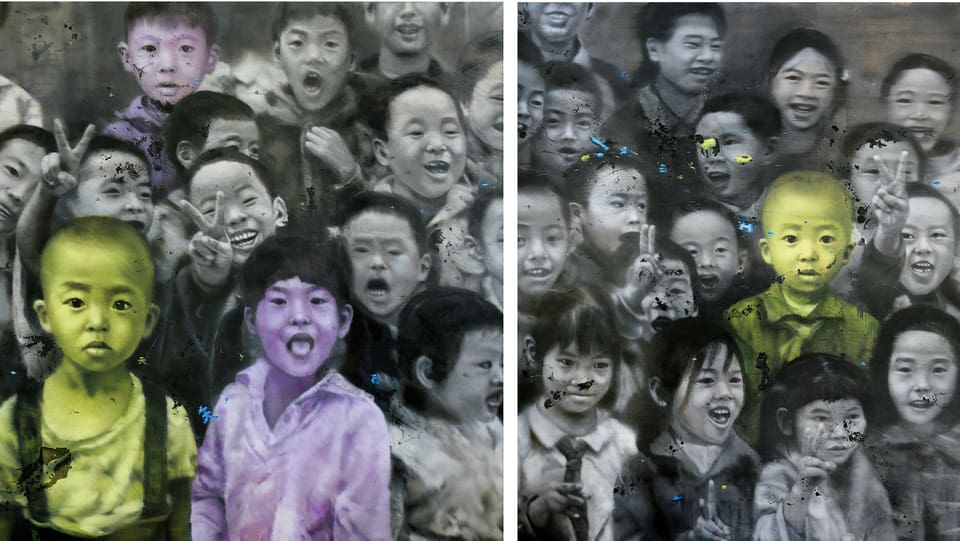 Bild: Asiatisch aussehende Kinder. Die meisten sind schwarz-weiss dargestellt, einige von ihnen violett oder hellgrün. 