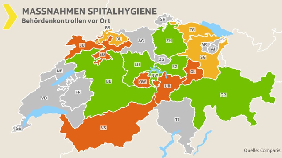 Eine Schweizer Karte mit verschieden eingefärbten Kantonen.