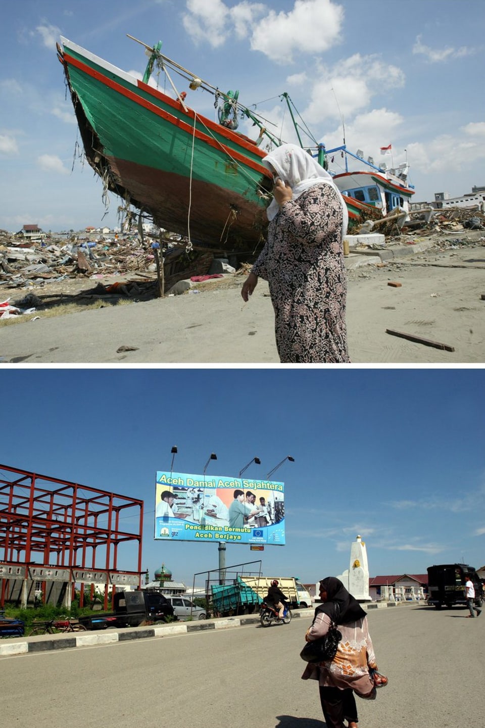 Ein Fischerschiffsteht an land in Banda Aceh. Die Flutwelle hat es angespült. Das Bild darunter zeigt den gleichen Ort fünf Jahre später. (keystone)