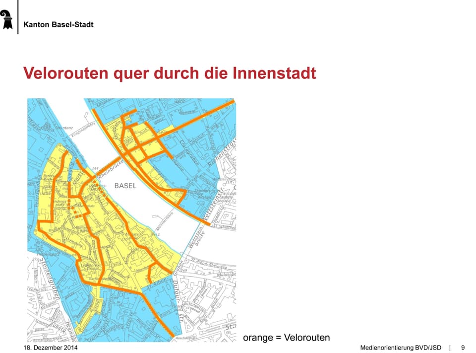 Karte der Innenstadt von Basel mit eingezeichneten Velorouten