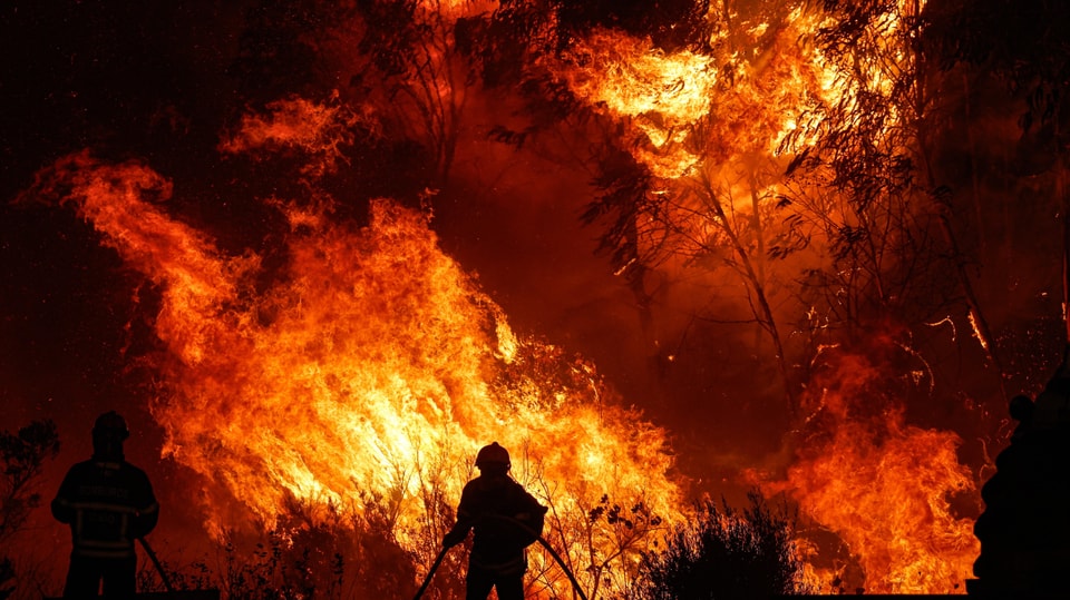 Blick auf meterhohe, lodernde Flammen bei Nacht; zwei Feuerwehrmänner mit Schläuchen