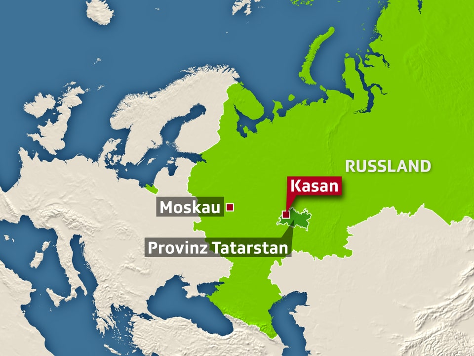 Karte von Russland mit den Städten Moskau und Kasan eingezeichnet.