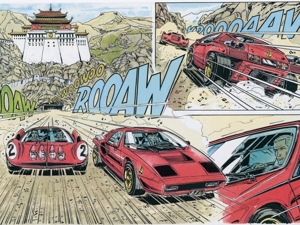 Ausschnitt aus dem Comic: Autorennen naben einem buddhistischen Tempel.
