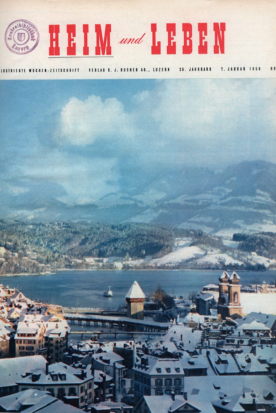 Cover von «Heim und Leben», 26. Jahrgang, 7. Januar 1956: Luftaufnahme der Stadtluzern mit Schnee bedeckt.