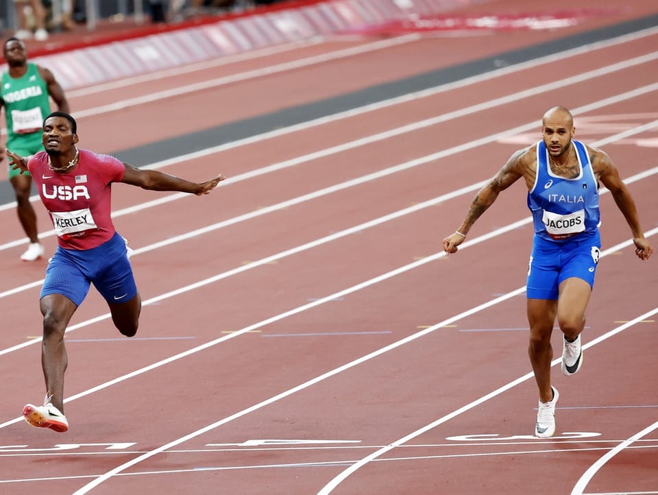 Neuauflage des Olympia-Duells Kerley und Jacobs beim Zieleinlauf.