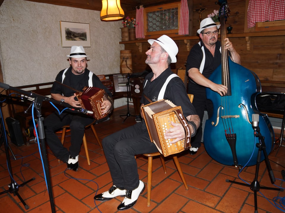 Drei Volksmusikanten mit Akkordeon und Kontrabass.