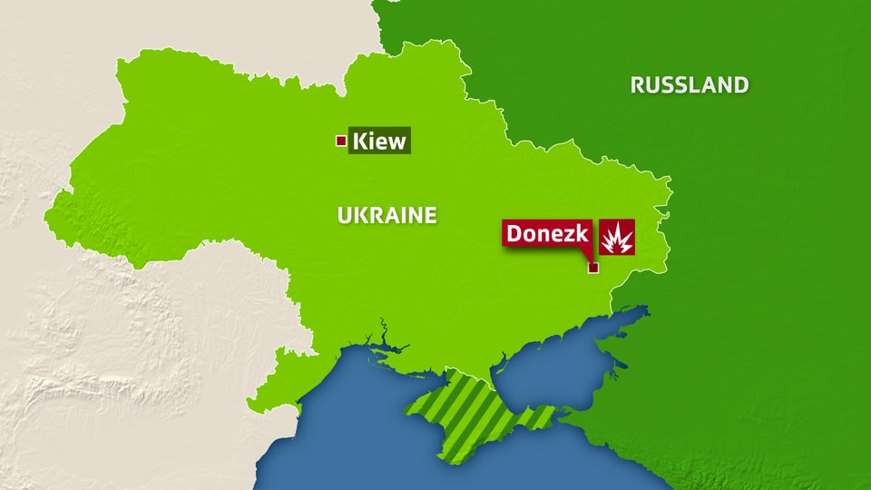 Karte der Ukraine, eingezeichnet sind Kiew und Donezk.