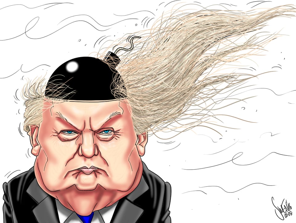 Donald Trump mit wehendem Haar und eine rBome auf dem Kopf