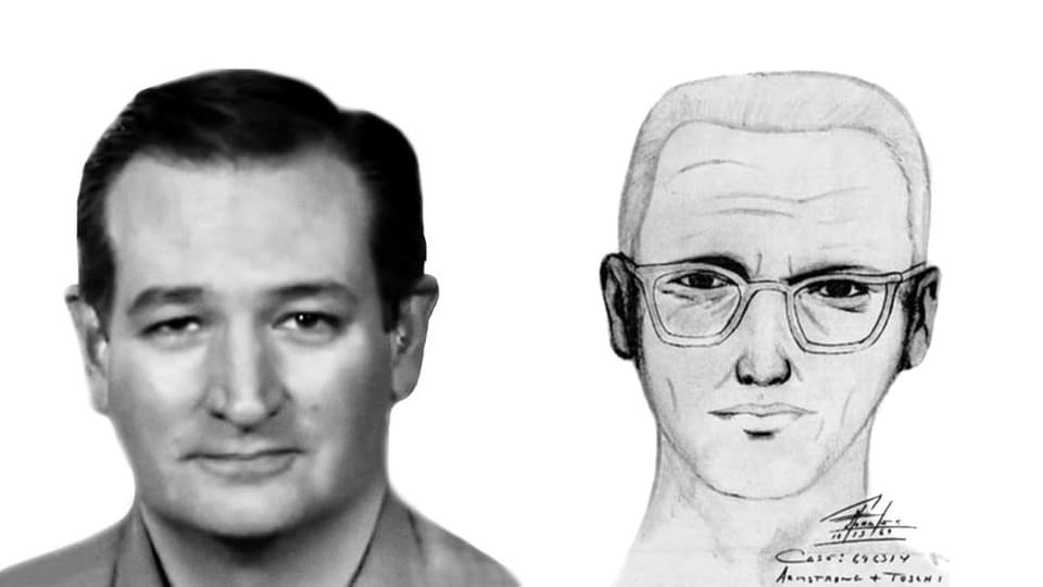 Ein Portrait von Ted Cruz neben einem Polizeibild des Zodiac Killers.