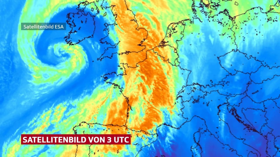 Tiefdruckwirbel südwestlich von Irland in Falschfarben.