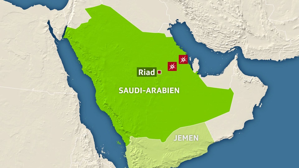 Karte mit Saudi-Arabien und Jemen, eingezeichnet die Orte der Angriffe.