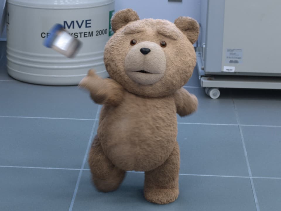 Teddybär Ted in Aktion, wie er seinem besten Kumpel eine mit Spermien gefüllte Labordose zuwirft.
