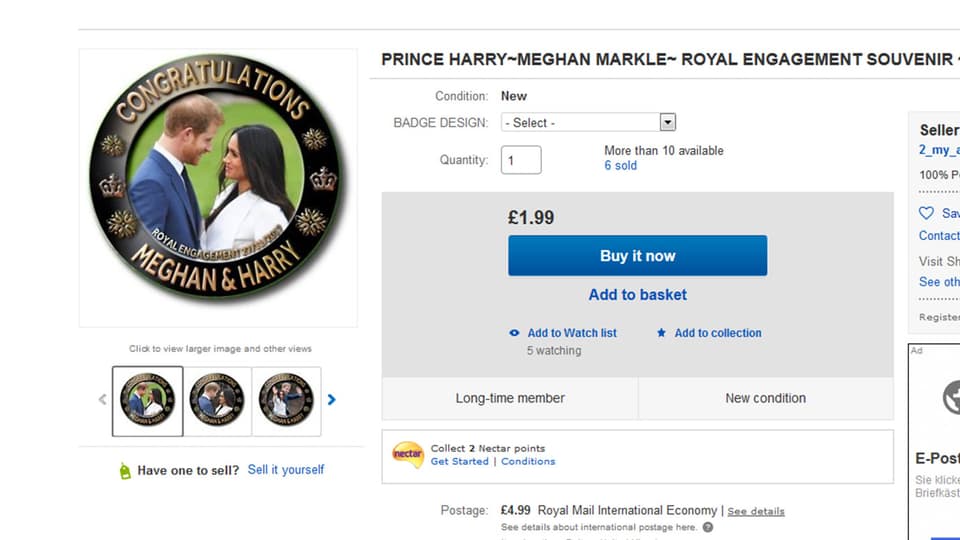Abzeichen mit dem Konterfei von Prinz Harry und Meghan Markle inklusive Verlobungsdatum