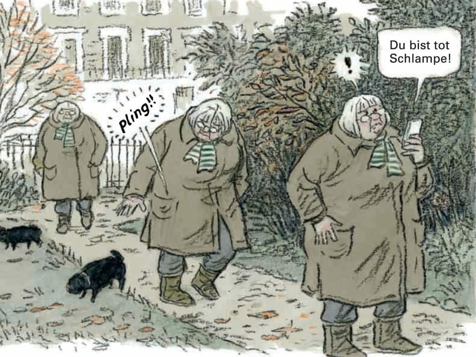 Comic-Zeichnung: Frau mit Mantel, grauen Haaren und Hund bei der Seite läuft einen Parkweg entlang. Sie hält das Mobiltelefon in der Hand, auf dem zu lesen ist: «Du bist tot Schlampe!»