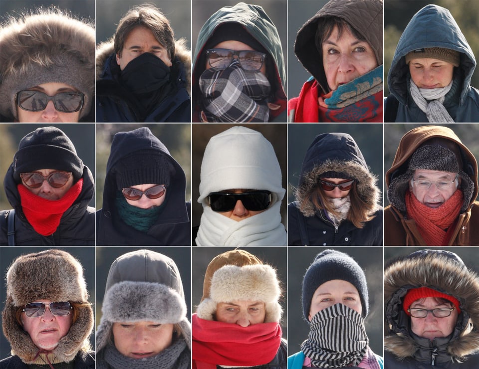 15 kleine Fotos von Menschen mit Kappfen, Schals und Kapuzen weil es sehr kalt ist. 