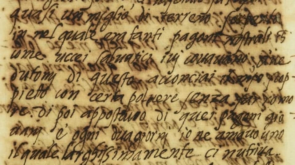 Bild eines vergilbten, gelblichen Blattes mit schwarzer, geschwungener Schrift. Dahinter ausgeblichene Schrift.