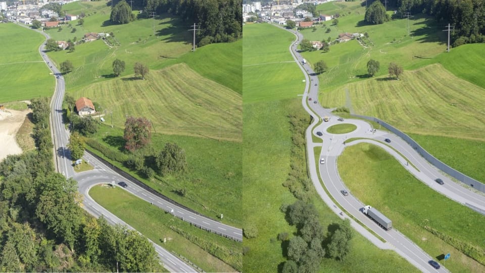 Die heutige Kreuzung Horüti – daneben die Visualisierung mit einem Kreisel