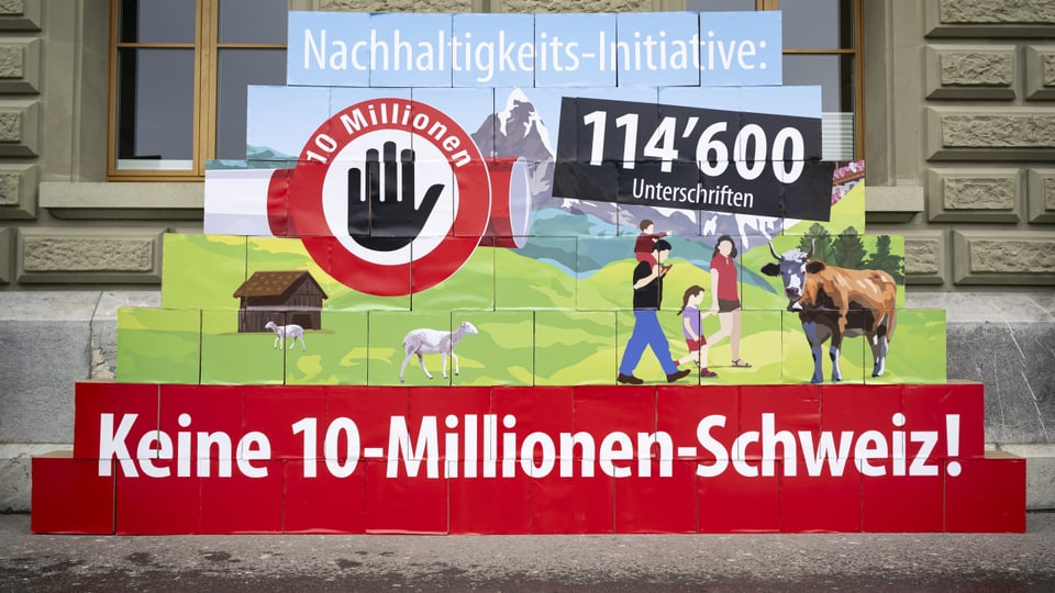 Aufeinandergestapelte Unterschfriftenschachteln, die den Schriftzug «Keine 10-Millionen.-Schweiz» ergeben